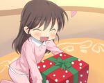  1girl :d blush brown_hair child christmas closed_eyes eeeeee gift heart open_mouth original smile solo 