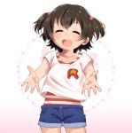  1girl :d akagi_miria black_hair blush closed_eyes idolmaster idolmaster_cinderella_girls nekopantsu_(blt) open_mouth outstretched_arms round_teeth short_hair smile solo teeth twintails two_side_up 