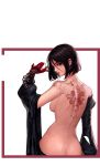  1girl ass back_tattoo black_hair breasts brown_eyes butt_crack dungeon_and_fighter gloves happening18 highres looking_at_viewer looking_back medium_breasts red_gloves short_hair solo tattoo 