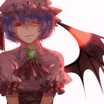 1girl ascot bat_wings blue_hair brooch cioccoleti dress fang frilled_sleeves frills hat hat_ribbon jewelry looking_at_viewer mob_cap open_mouth pink_dress puffy_short_sleeves puffy_sleeves red_eyes remilia_scarlet ribbon short_hair short_sleeves simple_background smile solo touhou vampire wings 