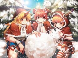  3girls bandaged_arm blonde_hair blue_skirt blue_sky capelet chains cuffs day eyebrows_visible_through_hair fang_out hat highres hijiwryyyyy hood horn horns hoshiguma_yuugi ibaraki_kasen ibuki_suika long_hair multiple_girls orange_hair orb pine_tree red_hood red_shoes red_skirt redhead ribbon-trimmed_skirt santa_hat shirt shoes short_hair skirt sky smile snow snowing snowman spoken_object squatting striped striped_legwear sun touhou tree white_shirt wrist_cuffs zipper 