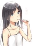  1girl black_hair blue_eyes breasts brushing_teeth collarbone erect_nipples highres long_hair looking_at_viewer murabito_c original simple_background small_breasts solo speech_bubble upper_body white_background 