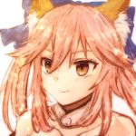  1girl amano-sora animal_ears blush bow collarbone fate/extra fate/grand_order fate_(series) fox_ears hair_bow light_smile looking_at_viewer lowres pink_hair simple_background solo tamamo_(fate)_(all) tamamo_no_mae_(fate) white_background yellow_eyes 
