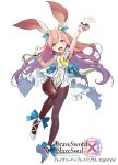  1girl :d animal_ears ankle_ribbon arm_up black_legwear blonde_hair blue_ribbon blush brave_sword_x_blaze_soul copyright_name dress floating_hair frilled_dress frills hand_up high_heels highres long_hair looking_at_viewer matsui_hiroaki multicolored_hair official_art open_mouth outstretched_arm pantyhose pink_hair rabbit_ears ribbon simple_background smile solo two-tone_hair watermark white_background white_dress white_leotard wrist_cuffs yellow_eyes 