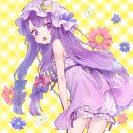  1girl ama-tou ass bloomers bow flower hair_bow hair_ribbon hat leaning_forward long_hair looking_at_viewer mob_cap pajamas patchouli_knowledge purple_hair ribbon solo touhou underwear violet_eyes 