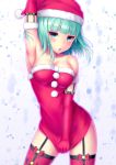 1girl absurdres ange_vierge aqua_hair armpits asamurasaki bangs bare_shoulders blue_eyes blunt_bangs blush breasts character_request christmas cleavage dress elbow_gloves garter_straps gloves hat highres looking_at_viewer medium_breasts open_mouth red_legwear santa_costume santa_hat skirt skirt_pull sleeveless solo standing thigh-highs zettai_ryouiki 