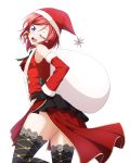  1girl alternate_costume black_gloves black_legwear christmas commentary_request detached_sleeves eyebrows_visible_through_hair gloves hair_ornament hand_on_hip hat head_tilt highres looking_at_viewer love_live! love_live!_school_idol_project nishikino_maki one_eye_closed redhead sack santa_costume santa_hat short_hair simple_background smile solo star star_hair_ornament violet_eyes white_background yu-ta 