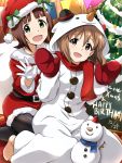  2girls amami_haruka brown_eyes brown_hair christmas_ornaments christmas_tree gloves green_eyes hagiwara_yukiho hair_ribbon happy_birthday hat highres idolmaster merry_christmas mittens multiple_girls open_mouth ribbon santa_costume santa_hat short_hair smile snowman snowman_costume yumekaranigeruna 