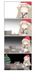  1girl 4koma absurdres blonde_hair blush cake chair christmas_tree comic commentary cup drinking_glass elbow_gloves food fork gloves hat highres kantai_collection knife long_hair nanakusa_nazuna neckerchief sailor_collar santa_hat shaded_face shimakaze_(kantai_collection) silent_comic sitting smile solo table white_eyes wine_glass 