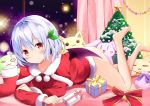  1girl :3 =_= arm_support bangs barefoot bat_wings bell blush boots_removed breasts christmas_ornaments christmas_tree collarbone curtains gift hair_between_eyes hair_ornament hyurasan indoors lavender_hair leaf_hair_ornament looking_at_viewer lying medium_breasts on_stomach red_eyes red_ribbon remilia_scarlet ribbon santa_costume short_hair sky smile solo sparkle star star_(sky) starry_sky stuffed_animal stuffed_cat stuffed_toy the_pose touhou wings |_| 