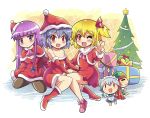  3girls :3 :d ;d ascot bat_wings beret black_legwear blonde_hair box brown_hair capelet character_doll christmas christmas_tree colonel_aki dress female flandre_scarlet gift gift_box hat hong_meiling izayoi_sakuya long_hair looking_at_viewer maid multiple_girls off-shoulder_dress off_shoulder one_eye_closed open_mouth orange_eyes pantyhose patchouli_knowledge plant purple_hair red_dress remilia_scarlet santa_costume santa_hat short_hair silver_hair sitting smile sparkle touhou v violet_eyes wariza wings 