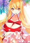  1girl bangs bare_shoulders between_breasts blonde_hair bow breasts closed_mouth collarbone detached_sleeves eyebrows_visible_through_hair fingernails flower frills glowing highres large_breasts light_particles long_hair looking_at_viewer mouth_hold red_bow red_ribbon ribbon ribbon_in_mouth roh_nam_kyung sarashi shiny shiny_hair shiny_skin sleeves_past_elbows smile solo touhou upper_body white_background wide_sleeves wisteria yakumo_yukari yellow_eyes 