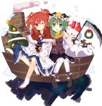  2girls apron black_skirt blush box brown_shoes brown_vest capelet chimney christmas christmas_tree christmas_wreath frilled_apron frilled_skirt frills gift gift_box green_eyes green_hair grin hair_ornament hand_holding hat knees_together_feet_apart long_sleeves multiple_girls obi one_eye_closed onozuka_komachi platform_footwear puffy_long_sleeves puffy_sleeves red_eyes redhead sack sandals sash scarf scythe shiki_eiki shoes short_hair sitting skirt smile smokestack snowman star star_hair_ornament to-den_(v-rinmiku) touhou two_side_up waist_apron white_apron white_legwear yellow_scarf yuri 