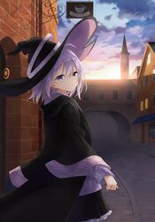  1girl azuuru_(azure0608) brick_wall building clouds cloudy_sky cover cover_page elaina_(majo_no_tabitabi) grey_eyes hat highres looking_at_viewer majo_no_tabitabi novel_cover official_art original short_hair sign silver_hair sky smile solo sunrise witch_hat 