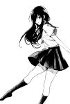  1girl artist_name black_hair black_legwear black_skirt greyscale hair_over_one_eye highres kneehighs lineart long_hair looking_at_viewer mole mole_under_eye monochrome original ribbed_legwear school_uniform serafuku short_sleeves signature skirt smile solo tokki 