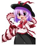  1girl ascot black_hat black_skirt blush bow capelet collared_shirt drill eyebrows_visible_through_hair frilled_sleeves frills hat hat_bow hat_ribbon highres katsumi5o nagae_iku open_mouth purple_hair red_eyes ribbon shawl shirt simple_background skirt solo touhou white_background white_shirt 