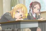  +_+ 2girls bangs blonde_hair blush bow brown_eyes brown_hair classroom closed_mouth curtains day desk dutch_angle green_eyes hair_bow hair_ornament hairclip half_updo head_tilt holding holding_pencil indoors long_hair long_sleeves looking_at_another looking_at_viewer mechanical_pencil miyoshi_karin multiple_girls nogi_sonoko okutagon parted_bangs parted_lips pencil red_bow school_briefcase school_desk school_uniform serafuku sitting smile sparkle striped striped_bow sweatdrop twintails white_bow window yuuki_yuuna_wa_yuusha_de_aru yuusha_de_aru 