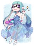  1girl blush breasts cleavage domino_mask dress flying_sweatdrops glass_slipper highres hoyashi_rebirth inkling mask open_mouth pointy_ears see-through solo sparkle splatoon sweatdrop tentacle_hair 