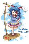  1girl animal_ears blue_background blue_dress blue_hair bobby_socks charm_(object) chibi dress ear_clip english hand_on_hip kine long_hair mallet one_eye_closed open_mouth pote_(ptkan) rabbit_ears red_eyes seiran_(touhou) smile socks solo standing standing_on_one_leg touhou 