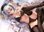 1girl armadillo-tokage beret black_bra black_legwear black_panties black_shoes blue_eyes blurry_background bra breasts dutch_angle employee_uniform eyebrows_visible_through_hair hand_on_own_arm hat high_heels highres indoors kantai_collection kashima_(kantai_collection) knee_up lawson looking_at_viewer medium_breasts navel panties partially_undressed poster_(object) saratoga_(kantai_collection) shirt shoes side-tie_panties silver_hair sitting smile solo striped striped_shirt thigh-highs twintails underwear uniform 