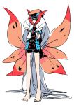  1girl absurdly_long_hair bike_shorts black_gloves black_hat blue_eyes domino_mask elbow_gloves full_body gloves hat insect_wings kz_609 long_hair mask moth_wings necktie personification pokemon pokemon_(game) pokemon_bw red_necktie shorts simple_background sketch solo standing very_long_hair volcarona white_background white_hair wings 