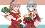  2girls :d alternate_costume aqua_eyes aqua_hair belt bow breasts brown_hair capelet cleavage detached_collar detached_sleeves fur_trim gift grin hair_ornament hairclip holding holding_bag holding_gift itomugi-kun kantai_collection kumano_(kantai_collection) long_hair looking_at_viewer mittens multiple_girls open_mouth smile suzuya_(kantai_collection) turret v 
