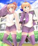  2girls absurdres ahoge alternate_costume blonde_hair blue_sky blush breasts building bush clouds fate/grand_order fate_(series) green_eyes gu_li hand_holding highres holding jacket loafers medium_breasts multiple_girls necktie ponytail saber saber_of_red shoes shorts sky sleeves_rolled_up smile thigh-highs thighs 