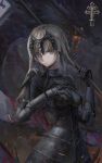  1girl armor armored_dress bangs blood breasts capelet chains closed_mouth cowboy_shot dragon fate/grand_order fate_(series) flag frown gauntlets grey_eyes grey_hair headpiece highres jeanne_alter looking_at_viewer medium_breasts ruler_(fate/apocrypha) short_hair tianya_beiming 