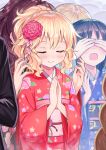  4girls blonde_hair blush brown_hair closed_eyes commentary_request covering_eyes flower formal hair_flower hair_ornament ichinose_shiki idolmaster idolmaster_cinderella_girls japanese_clothes kimono kinnotama_(erokosei) long_hair miyamoto_frederica multiple_girls new_year out_of_frame ponytail prank praying producer_(idolmaster) sakurai_momoka short_hair smile suit tachibana_arisu tied_hair 