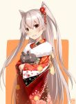  1girl alternate_costume amatsukaze_(kantai_collection) blush brown_eyes crossed_arms eyebrows_visible_through_hair floral_print flower fur_trim hair_between_eyes hair_flower hair_ornament highres japanese_clothes kantai_collection kimono long_hair long_sleeves looking_at_viewer open_mouth orange_background outside_border red_kimono rensouhou-kun robot takanashie twintails very_long_hair white_background wide_sleeves 