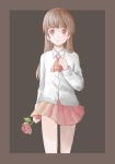  1girl ascot bangs blunt_bangs border brown_background brown_hair clenched_hand collared_shirt featherwings24 flower holding holding_flower ib ib_(ib) long_hair long_sleeves looking_at_viewer outside_border parted_lips pleated_skirt red_eyes red_rose red_skirt rose shirt simple_background skirt solo white_shirt wing_collar 