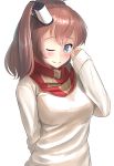  1girl alternate_costume ao_iro blue_eyes brown_hair highres kantai_collection long_hair looking_at_viewer one_eye_closed ponytail red_scarf saratoga_(kantai_collection) scarf side_ponytail simple_background sleeves_past_wrists smile solo sweater upper_body white_background white_sweater 