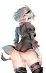  ass backless_outfit black_gloves black_legwear blindfold breasts brown_legwear gloves hairband khanshin leotard mole mole_under_mouth nier_(series) nier_automata short_hair skindentation skirt thigh-highs thighs white_gloves white_hair yorha_unit_no._2_type_b 