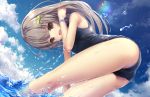  1girl adjusting_hair bare_shoulders clouds from_below hair_ribbon highres missile228 one-piece_swimsuit original revision ribbon school_swimsuit sky smile solo splashing swimsuit wading water wet wet_clothes wet_swimsuit 