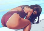  1girl artist_request ass bent_over black_hair blurry breasts depth_of_field erect_nipples long_hair looking_at_viewer looking_back one-piece_swimsuit pool sitting solo swimsuit violet_eyes 
