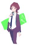  1girl adjusting_clothes adjusting_necktie aikatsu! aikatsu_stars! ashida_yuuri_(aikatsu!) brown_hair character_name dress_shirt formal looking_at_viewer necktie shirt solo suit susinoyama violet_eyes white_shirt 