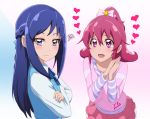  2girls acchi_(koiyimknp) aida_mana blue_bow blue_eyes blue_hair blush bow crossed_arms dokidoki!_precure frilled_skirt frills hair_bow hands_clasped heart high_ponytail highres hishikawa_rikka long_hair looking_at_another looking_away multiple_girls open_mouth pink_eyes precure short_hair skirt smile sweatdrop yuri 