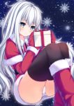  1girl alternate_costume bangs black_legwear blue_eyes boots capelet christmas eyebrows_visible_through_hair fur-trimmed_boots fur-trimmed_sleeves fur_trim gift hibiki_(kantai_collection) highres holding holding_gift kantai_collection long_hair mittens panties pantyshot pantyshot_(sitting) qunqing santa_costume silver_hair sitting snow snowflakes solo thigh-highs thighs underwear verniy_(kantai_collection) white_panties 