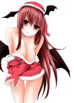  1girl alternate_costume bangs bare_shoulders blush breasts bridal_gauntlets christmas cleavage demon_wings eyes_visible_through_hair gloves hanging_breasts head_tilt highres kitora_(kisekinonameko) koakuma leaning_forward long_hair midriff miniskirt off_shoulder open_mouth outline red_eyes red_skirt redhead shiny shiny_skin simple_background skirt solo tagme thighs top_pull touhou very_long_hair white_background wings 