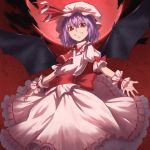  1girl amino_(tn7135) ascot bat_wings clouds dress frilled_dress frills full_moon grin hat hat_ribbon highres mob_cap moon purple_hair red_eyes red_moon red_sky remilia_scarlet ribbon ribbon-trimmed_sleeves ribbon_trim sky slit_pupils smile solo touhou wings wrist_cuffs 