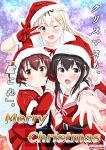  3girls adapted_costume belt black_eyes black_hair blonde_hair brown_hair christmas fubuki_(kantai_collection) gloves hat hiyama_izumi_(wttdh) kantai_collection long_hair looking_at_viewer low_ponytail multiple_girls mutsuki_(kantai_collection) one_eye_closed ponytail red_eyes red_gloves remodel_(kantai_collection) sailor_collar santa_costume santa_hat short_hair short_ponytail sidelocks v_over_eye yuudachi_(kantai_collection) 