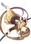  1girl absurdly_long_hair bangs blush breasts brown_hair brown_skirt collarbone green_eyes holding holding_sword holding_weapon huyukaaki katana kneehighs large_breasts long_hair neckerchief original pleated_skirt school_uniform serafuku sheath sheathed shoes side_ponytail skirt solo sword upside-down very_long_hair weapon white_background white_legwear 