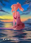  1girl arm_support bikini blonde_hair breasts cleavage fate/grand_order fate_(series) green_eyes groin partially_submerged ponytail saber_of_red shirotsumekusa side-tie_bikini small_breasts solo sunset surfboard swimsuit water 