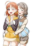  2girls ;d ^_^ ahoge bangs blush bow braid clenched_hands closed_eyes commentary_request cowboy_shot grey_hair hair_bow hands_in_pockets jacket long_sleeves love_live! love_live!_sunshine!! low_twintails multiple_girls one_eye_closed open_mouth orange_hair red_eyes sailor_collar scrunchie shorts side_braid simple_background smile suzume_miku takami_chika twintails watanabe_you white_background yellow_bow 
