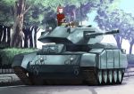  1girl bangs black_skirt brown_eyes crusader_(tank) cup day emblem girls_und_panzer ground_vehicle holding jack_hamster jacket long_sleeves military military_uniform military_vehicle miniskirt motor_vehicle outdoors parted_bangs pleated_skirt red_jacket redhead road rosehip saucer short_hair sitting skirt st._gloriana&#039;s_(emblem) street tank teacup tree uniform 