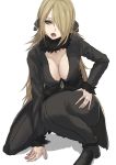 1girl absurdres blonde_hair breasts brown_eyes cleavage full_body fur_trim hair_over_one_eye hair_ribbon highres kumamoto_nomii-kun long_hair looking_at_viewer one_knee open_mouth pants pokemon pokemon_(game) pokemon_dppt ribbon shirona_(pokemon) solo tongue tongue_out 