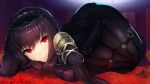  1girl fate/grand_order fate_(series) long_hair looking_at_viewer lying mu-nyako on_side purple_hair red_eyes scathach_(fate/grand_order) skin_tight solo 