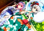  2girls :o alternate_costume bag black_ribbon blue_eyes blue_ribbon blush breasts closed_mouth cowboy_shot day dutch_angle floral_print flower frown furisode hair_flower hair_ornament hair_ribbon hairband handbag hat highres japanese_clothes kimono konpaku_youmu konpaku_youmu_(ghost) large_breasts long_sleeves looking_at_viewer mob_cap multiple_girls neck_ribbon new_year obi outdoors pink_eyes pink_hair ribbon saigyouji_yuyuko sash sazanami_mio short_hair touhou triangular_headpiece white_hair wide_sleeves 