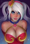  1girl alternate_costume bare_shoulders blue_eyes breasts cleavage elbow_gloves essentialsquid gloves hair_ornament heart_hair_ornament large_breasts league_of_legends lipstick long_hair looking_at_viewer makeup pink_lipstick silver_hair solo sona_buvelle sweetheart_sona 