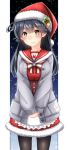  1girl baretto bell black_hair blush bow breasts brown_eyes dress fur_trim hat head_tilt highres jacket jingle_bell kantai_collection large_breasts long_hair looking_at_viewer red_dress sailor_collar santa_hat smile solo ushio_(kantai_collection) 